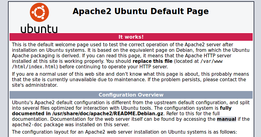 Web page of Apache server running in a container