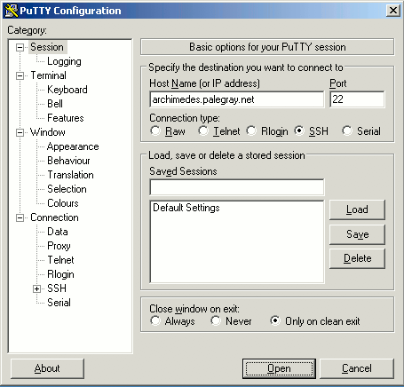 The session login screen in PuTTY on Windows.