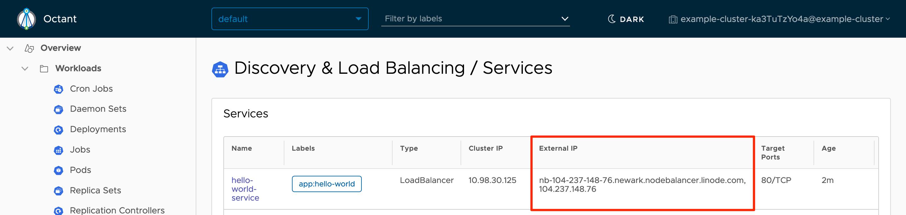 Octant Services - Hello World with External IP Highlighted