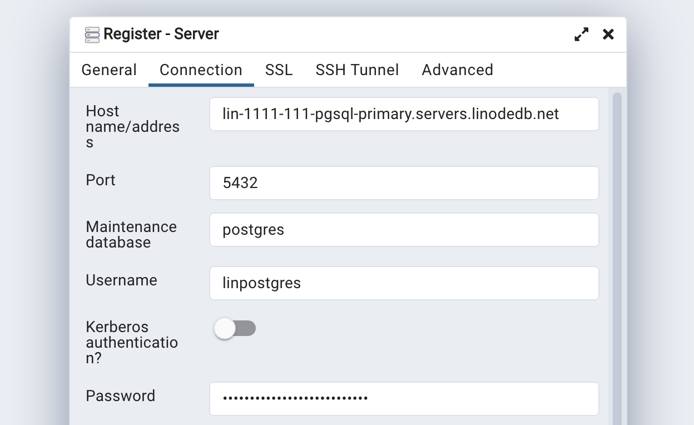 Screenshot of the Connection tab within the Register Server form