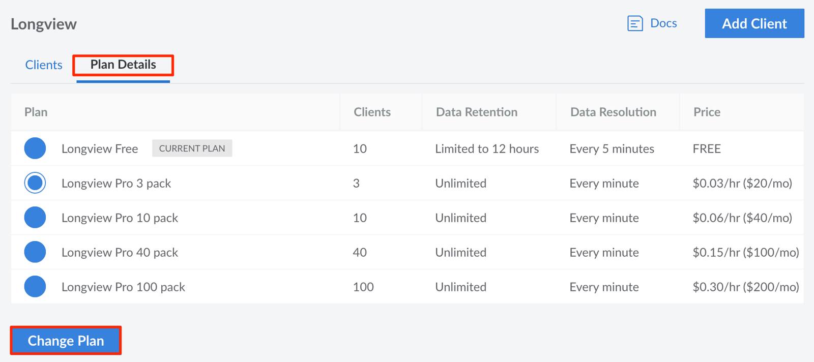 Screenshot of the Longview Plan Details screen in the Cloud Manager